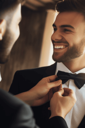 A groom wearing a wedding tuxedo, a friend helps him adjust his bowtie.